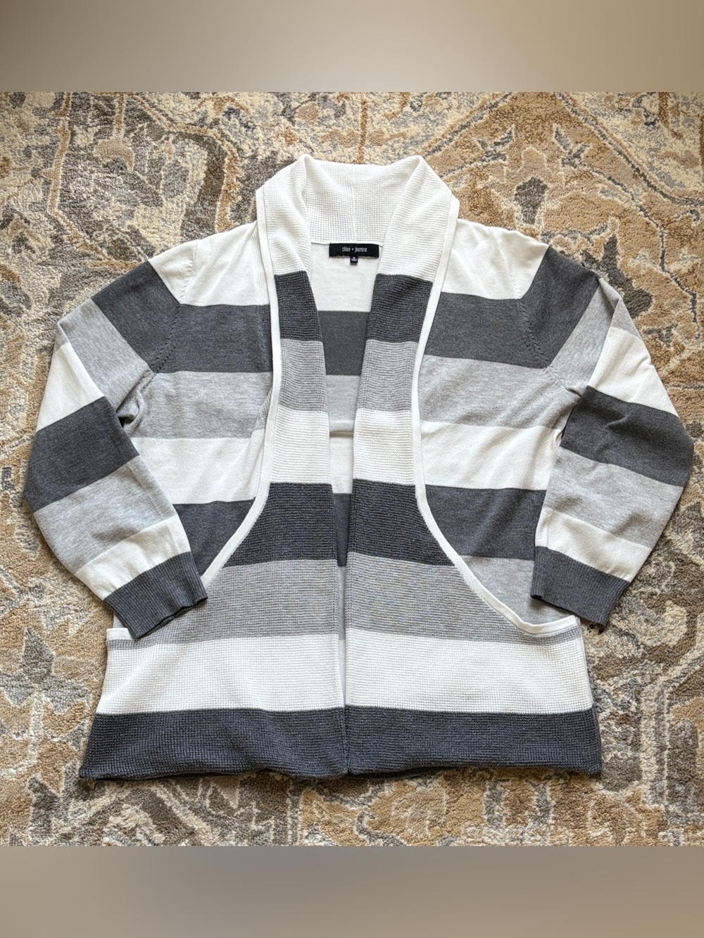 CHLOE + JASMINE Womens Cardigan Sweater XL Gray White Striped Open Front Pocket